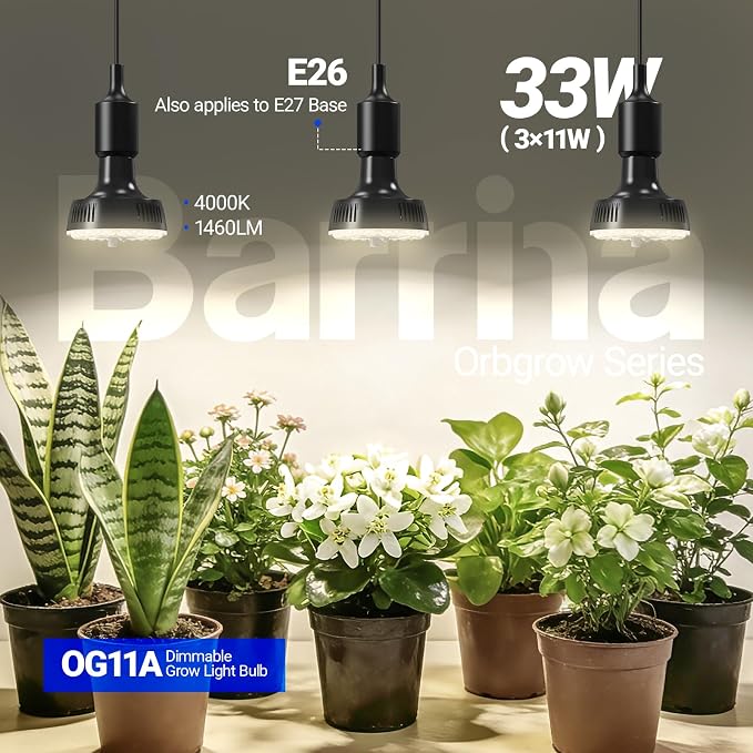 Barrina OG11A Grow Light Bulbs for Indoor Plant, 4000K 11W, 3 Packs, Black | Integrated Dimming & Timing, E26 Plant Light Bulb, Full Spectrum, High PPFD for Seeds and Greens