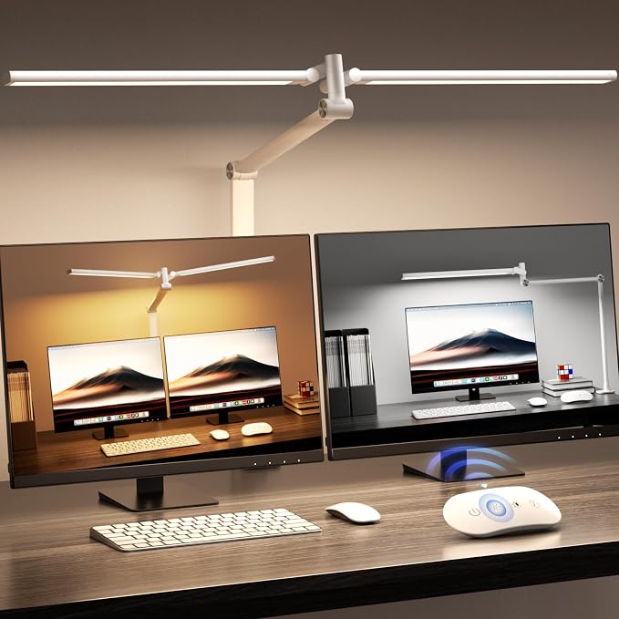 Airlonv LED Desk Lamp, Double Swing Arm Wide Lighting Area Desk Lamps for Home Office with Stepless Dimming, Eye-Caring Architect Desk Light with Clamp for Reading, Study, Workbench, Drafting(White)