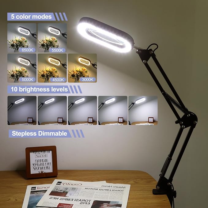 12X Square Magnifying Glass with Light and Stand, Real Glass LED Lighted Magnifier and Phone Holder, 5 Color Modes Stepless Dimmable, Hands-Free Desk Lamp for Craft Hobby Close Work Black and Holder