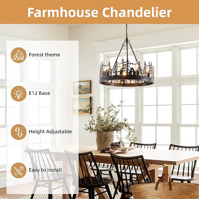 9-Light Rustic Farmhouse Chandelier, Black Wagon Wheel Pendant Light Fixture 23.6” Round Vintage Bear Chandelier for Dining Room Living Room Kitchen