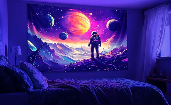 BVBOX Blacklight Space Astronaut Tapestry UV Reactive Galaxy Planet Glow in Dark Tapestries Black Light Poster Neon Wall Hanging Art for bedroom Living Room (Astronaut & Star-3M)