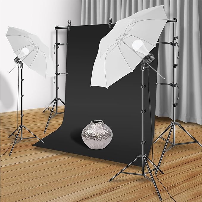 Photography Umbrella Lighting Kit with 85w Led Bulb,Muslin Backdrop (White Black), Backdrop, Clips Clamp,8.5 * 10ft Photo Background Photography Stand System for Photo Video Studio Shooting
