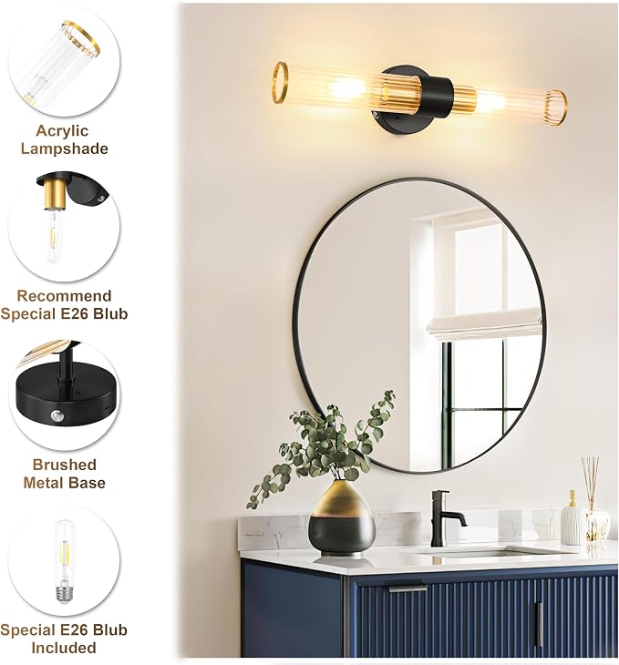 Morauroral Black Gold Battery Operated Wall Sconce, Rechargeable Wall Lights with Remote, 20 Inch Modern Wireless Wall Lamp for Bedroom, Living Room with Clear Glass Shade (Bulbs Included)