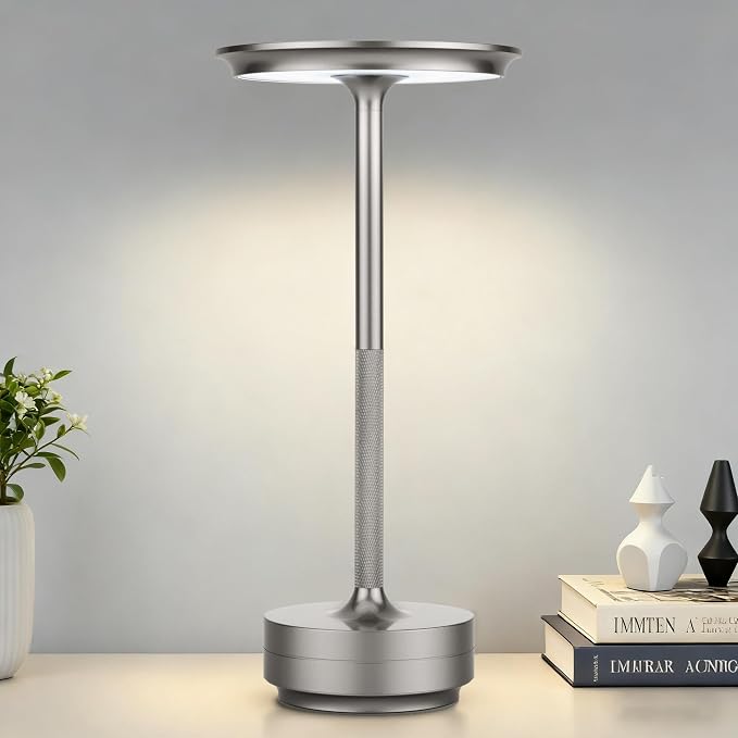 UdoUto Cordless Table Lamp Rechargeable, Silver | 5000mAh Battery Operated, LED, Touch Stepless Dimming, Portable Metal for Patio, Restaurant, Bedroom
