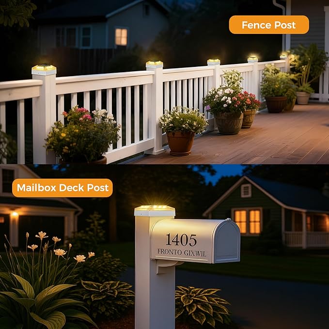 4x4 Solar Post Cap Lights Outdoor 4 Pack, 3 Color Modes/Dusk to Dawn/IP65 Waterproof, Fits 4x4 Vinyl/PVC Wood Posts Top, White LED Fence Topper Light for Deck, Porch, Backyard