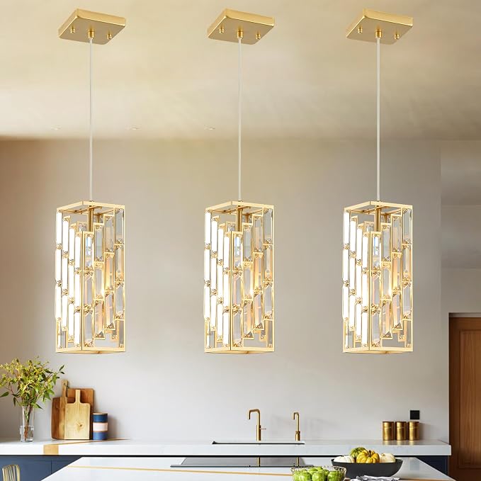 Gold Crystal Pendant Light 3-Pack, Mini Kitchen Island Hanging Lights, E26 | Gold crystal pendant lights 3-pack with adjustable 70.8" cords, E26 base, dimmable, perfect for kitchen island lighting