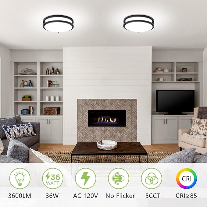 Flush Mount Ceiling Light - 2 Pack 36W 3000K/3500K/4000K/5000K/6000K Dimmable Led Ceiling Light Fixture for Kitchen Hallway Bedroom Bathroom (2, Black, 14 Inch)