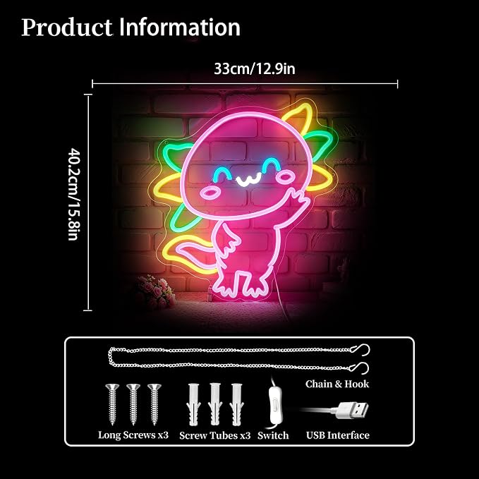 Axolotl Neon Sign Led Sign Neon Signs for Wall Decor Neon Lights | Salamander Led Light Up Sign, Pink Game Room Decor, Girls Gift, Party, Wall Decor, 5V USB Powered