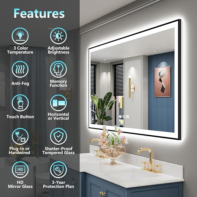 50x30 Black LED Bathroom Mirror, Backlit & Front Lit Lighted Mirror | Metal Framed Anti-Fog Vanity Mirror with Lights, 3 Color Dimmable, Memory, HD Tempered Glass, CRI95, UL Listed, Wall Mounted