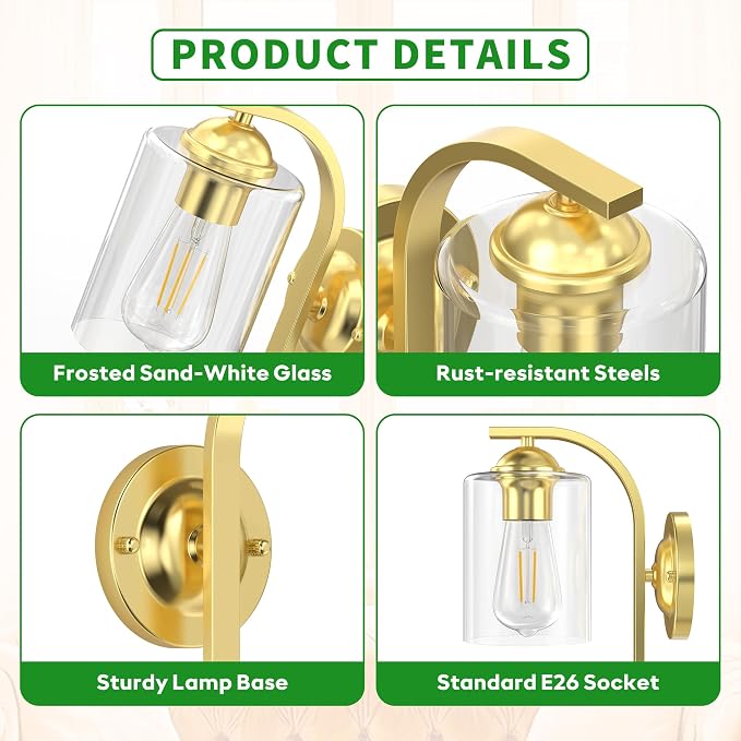 Wall Sconces Lights Lamp for Bedroom Bathroom, Modern Vanity Light Fixtures, Gold Farmhouse Wall Mount Lighting Lanterns with Clear Glass Shade for Living Room Mirror Hallway Kitchen