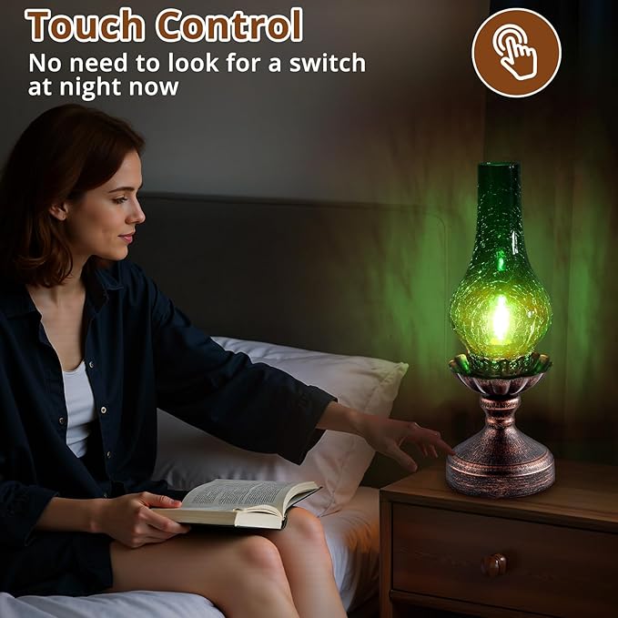 Vintage Table Lamp with Green Crackle Glass Shade,Touch Control & 3-Way Dimmable Rustic Retro Farmhouse Bedside Lamp for Bedroom, Living Room, Cabin, Office (2700K LED Candle Bulb Included)
