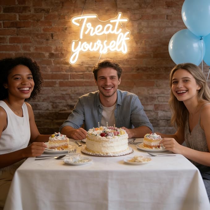 Treat Yourself Neon Signs, Warm White Dimmable LED Word Sign for Wall Decor | Treat Yourself Light Sign for Bedroom Wall Letter Neon Lights Wedding Sign Room Decor for Birthday Gift Party Home Decor Bar
