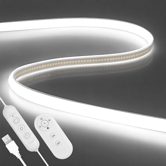 ALITOVE USB LED Light Strip 5V 6.56FT 6000K Cool White COB LED Strip Light | Dimmable Flexible, Waterproof COB LED Lights with Remote, Short Strip Light for Indoor Outdoor RV Camping Mirror Lighting