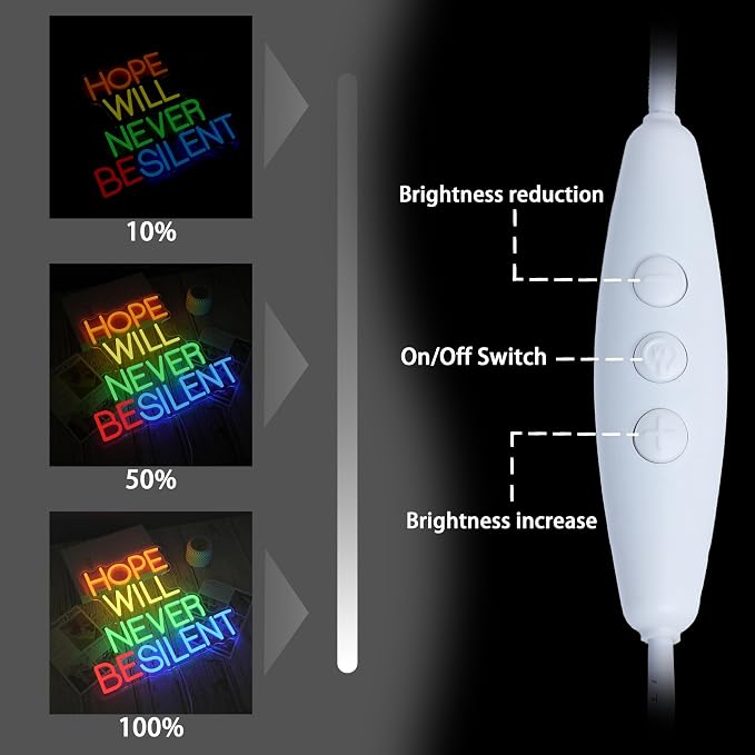 Hope Will Never Be Silent Neon Sign Usb Powered Colorful Rainbow Neon Light Dimmable Motivational Letter Light Up Sign for Bedroom Office Gym Classroom Party Church (14.96 * 12.6 in)