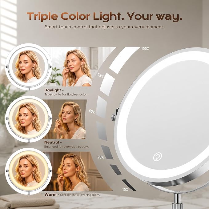Dienmern Lighted Makeup Mirror, 1X/20X Magnifying Vanity Mirror with Lights | Double-Sided, 5000mAh Rechargeable, Adjustable Brightness, 3 Colors, 360° Rotation, for Dorm, Room, Women Gift