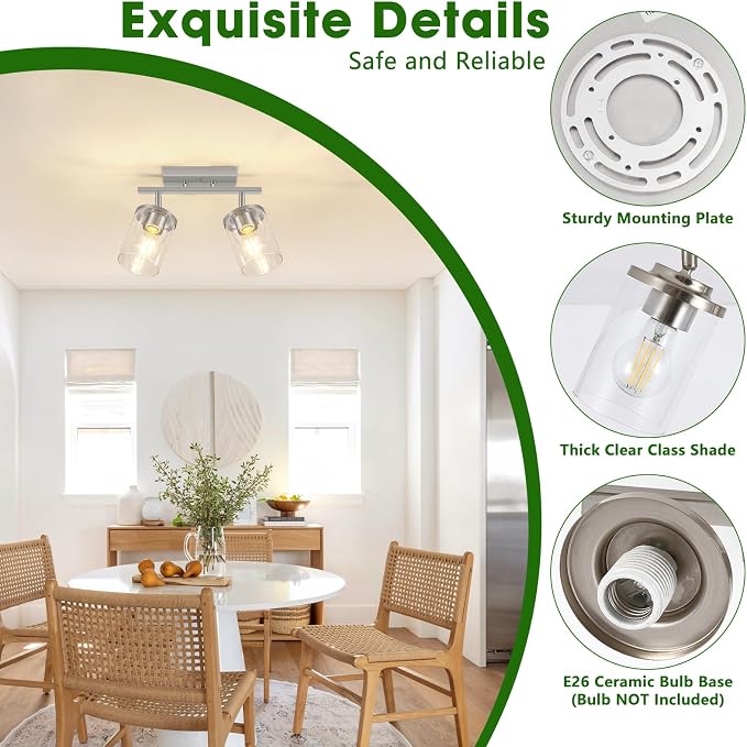 FadimiKoo 2-Lights Brushed Nickel Kitchen Track Lighting Fixtures Ceiling Mount, Adjustable Hallway Light Fxitures with Clear Glass Shade, Modern Spotlight Fixtures for Living Room Foyer Stairway