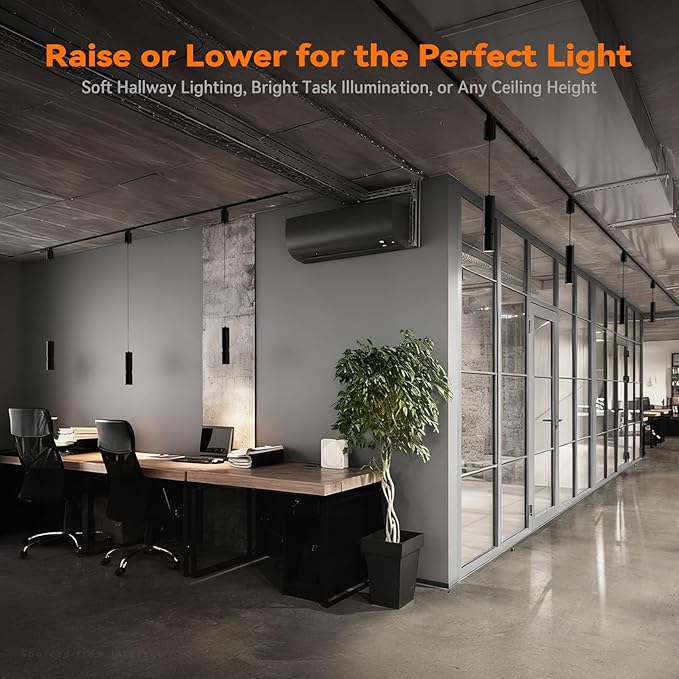 LEONLITE 5CCT Zoomable LED Track Pendant Light, 800LM Adjustable Height H Track Pendant Lighting, ETL, Dimmable, Beam Angle 10°–70°, Commercial Retractable Hanging Light for Cafe, Black, Pack of 3