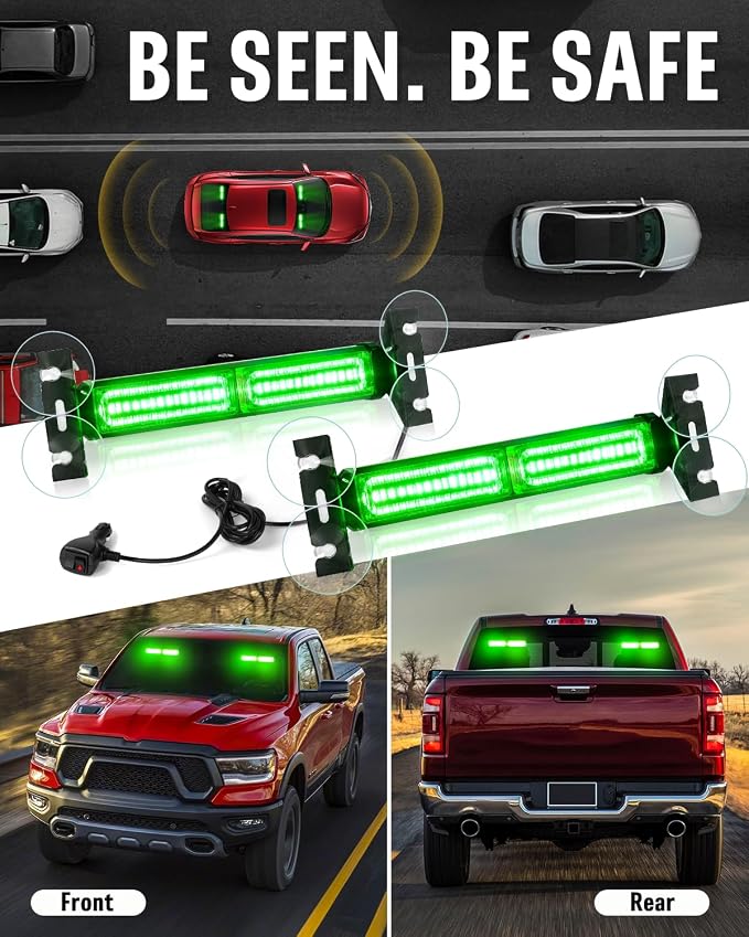 HLauto 1002L Emergency Strobe Traffic Advisor Light Bar: 40 LED Dash Safety Warning Flashing Light, Front/Rear Windshield Visor Lights for Construction Vehicle, Tow/Plow Truck (2x10.7inch, Green)