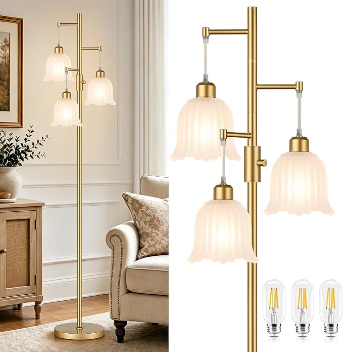 Dimmable Flower Floor Lamp, 3 x 900LM LED Bulbs Included, Modern | 70" Gold Tree Standing Lamp, 3 Lights Elegant Frosted Glass Flower Shade Vintage Floor Lamps for Living Room, Bedroom, Office