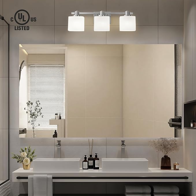 Bathroom Light Fixtures Over Mirror Bathroom Vanity Light Silver Modern Industrial Makeup Lighting Wall Sconce Farmhouse Rustic Milk Glass Lamp Desk Sink (Brushed Nickel, 23 Inch, 3 Light)