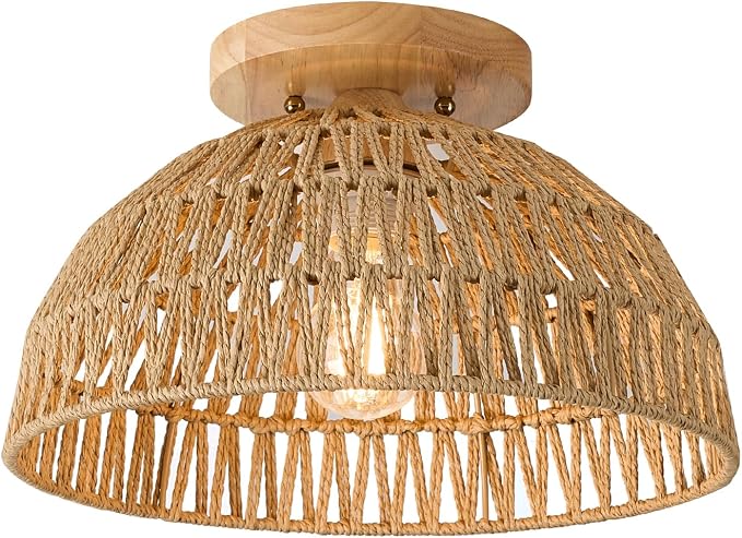 13 Inch Rattan Flush Mount Ceiling Lights Farmhouse Boho Ceiling Light Fixtures Rustic Wicker Hand Woven Rope Cage for Dining Room Kitchen Bedroom Foyer Hallway Entryway