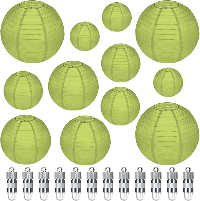 12pcs Paper Lanterns with 12pcs LED Lights, 6" 8" 10" 12" Round Hanging Ball Lantern for Wedding Anniversary Birthday Party Decorations