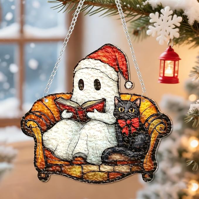 Christmas Tree Decorations Cute Cartoon Ghost & Cat Acrylic Suncatcher Stained Hanging Ornaments Designs DIY Crafts Indoor Outdoor Xmas Ghost Hanging Pendants for Christmas Tree Decor Accessories 1Pc