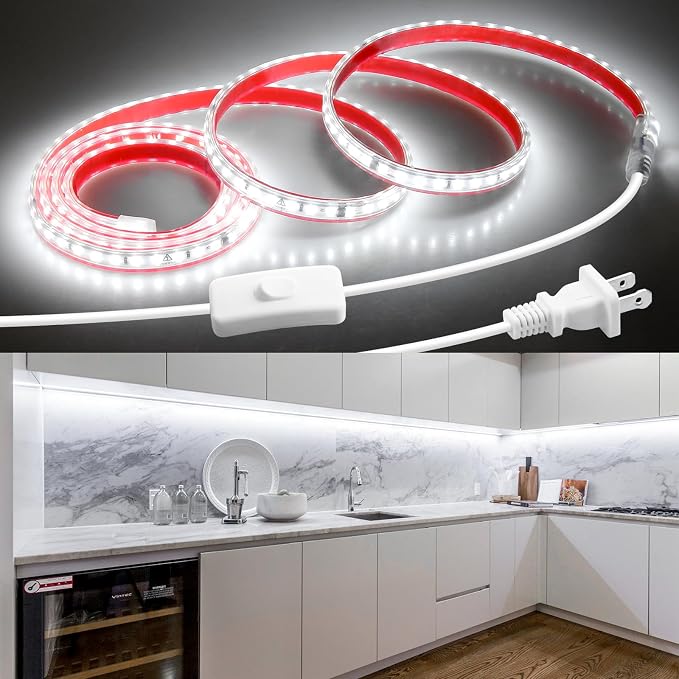 AC 120V LED Strip Light 72in Under Cabinet Cold White Self-Adhsive Under Counter Lighting Strips Plug in with Switch Waterproof Flexible Super Bright LED Rope Lights for Bathroom Kitchen 120LED/M 6FT