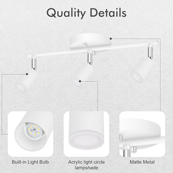 3 Light Track Lighting Fixtures Ceiling, 12W/2700K White Track Lighting with Acrylic Lampshade & Rotatable Light Heads, 20000hrs Lifespan, Modern LED Track Lights Ceiling for Kitchen/Hallyway