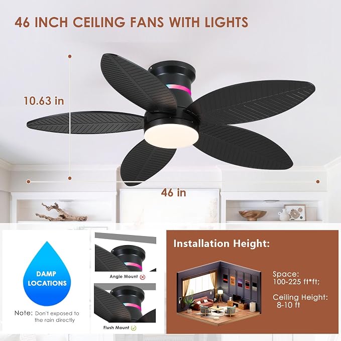 Tropical Palm Leaf RGB Ceiling Fans with Lights 46”, Black Flush Mount Ceiling Fan with Light and Remote, 3CCT Dimmable LED&&Side RGB Light, Reversible 6 Speeds, Quite Low Profile Ceiling Fan Party