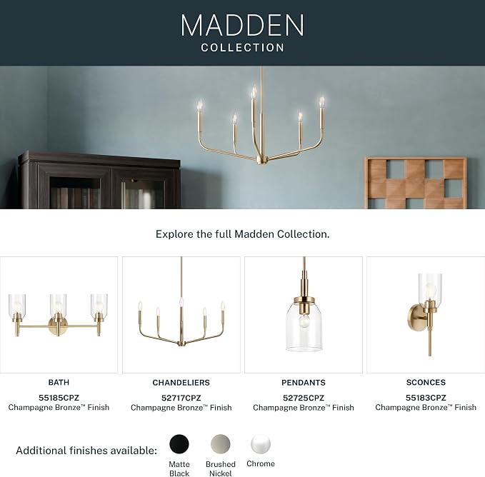 Kichler Madden 3-Light Bathroom Vanity Light, Champagne Bronze | Modern vanity light with clear glass for single bathroom mirrors (24" x 10.5"), 55185CPZ