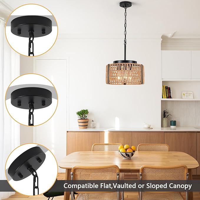 Boho Rattan Chandelier, 3-Light 13.7”Farmhouse Chandeliers Light Fixture with Rustic Wicker Rattan Pendant Light for Living Room,Kitchen Island Bedroom(E26 Bulbs Not Included)