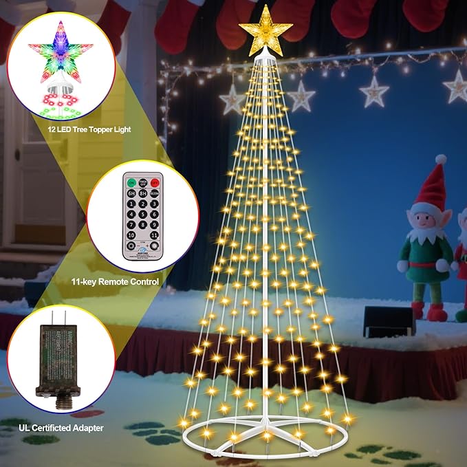 Forlivese 5FT Prelit Christmas Cone Tree Lights, 204 LED Small Lighted Christmas Tree Light with Remote, Timer, 11 Modes, Outdoor Christmas Tree for Yard Garden Decoration, Multicolor & Warm White