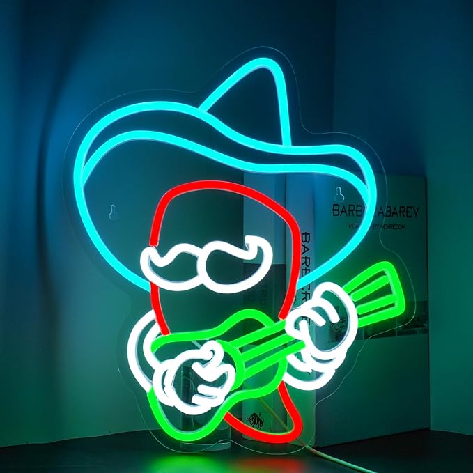 Cowboy Guitar Neon Sign Chili Pepper LED Light Bar Wall Decor | Mexican Pepper LED Neon Light, Dimmable Chili Pepper Guitar Design for Pubs, Home Bars, Man Caves, Parties, Clubs,Game Rooms