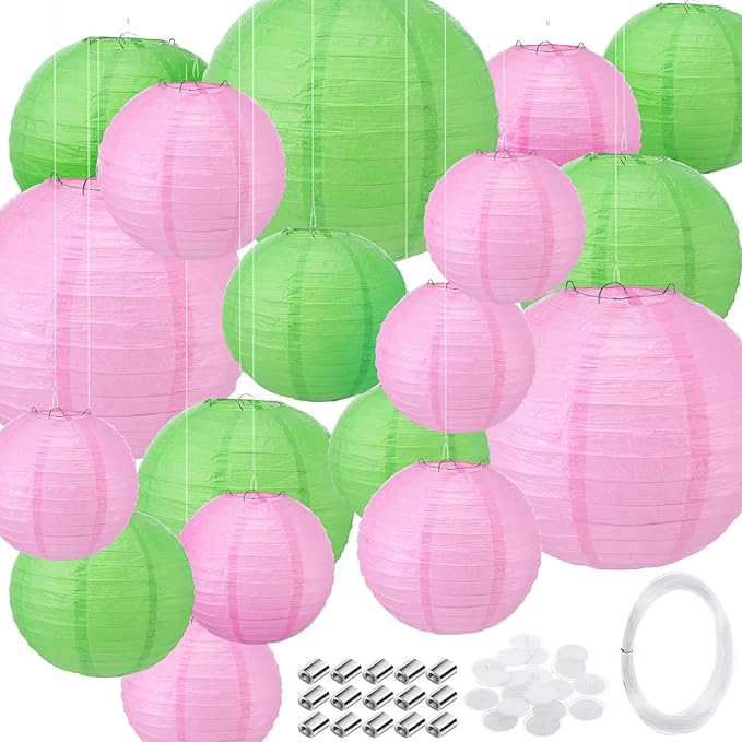 Pelopy 18 Pcs Paper Lanterns 4/6/8/12 Inches Round Chinese Japanese Paper Lanterns for Indoor New Year Valentine's Day Wedding Birthday Party Decorations(Pink and Green,4/6/ 8/12 Inch)
