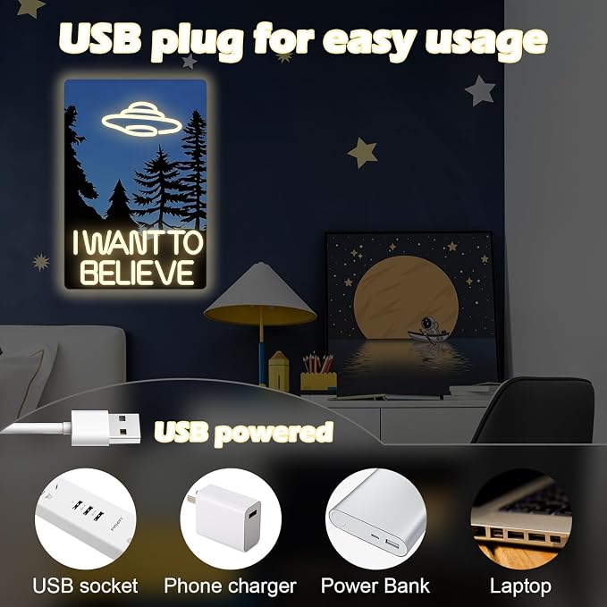 I Want to Believe Neon Sign UFO LED Light Sign for Bedroom Living Room Dimmable Alien Decor Light Up Wall Sign UFO Poster Alien Movie Neon Lights Cool I Want to Believe Decoration Gifts for UFO Fans