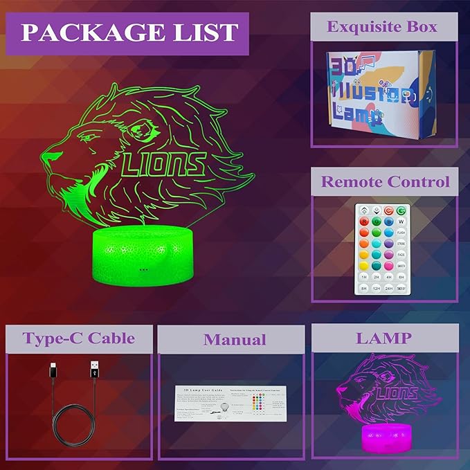 Lion Gift, 3D Night Light, 16 Colors Changing, Remote Control with Timer, RGB Flashing Mode and Dimmable, Lion Lamp for Christmas Birthday Decor