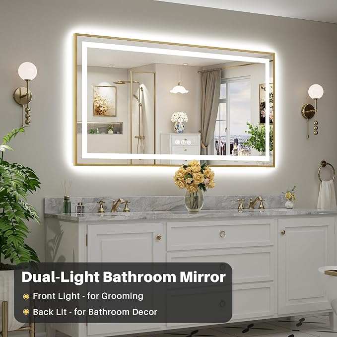 66x36 Inch LED Bathroom Mirror with Gold Frame, Backlit & Front Lit | Anti-fog, 3 Color Dimmable, Memory Function, HD Reflection Tempered Glass, ETL Listed, IP54 Waterproof