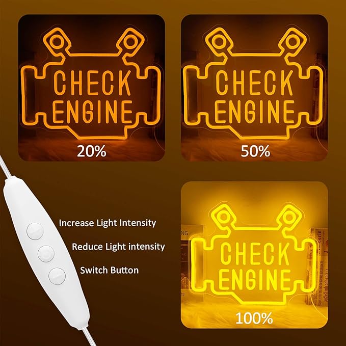 Check Engine Neon Signs for wall decor, Garage Neon Sign for Man Cave, Piston Engine Led Light Signs with Dimmer, Piston Decoration USB Powered with Switch