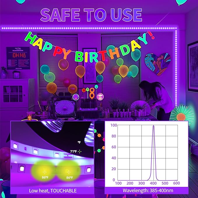 50 Foot Black Light Strip & Remote, 900LEDs, Dimmable 12V Flexible Black Lights for Glow Party, Bedroom, Halloween, Fluorescent Tapestry Poster, 3 Lighting Modes, Non-Waterproof