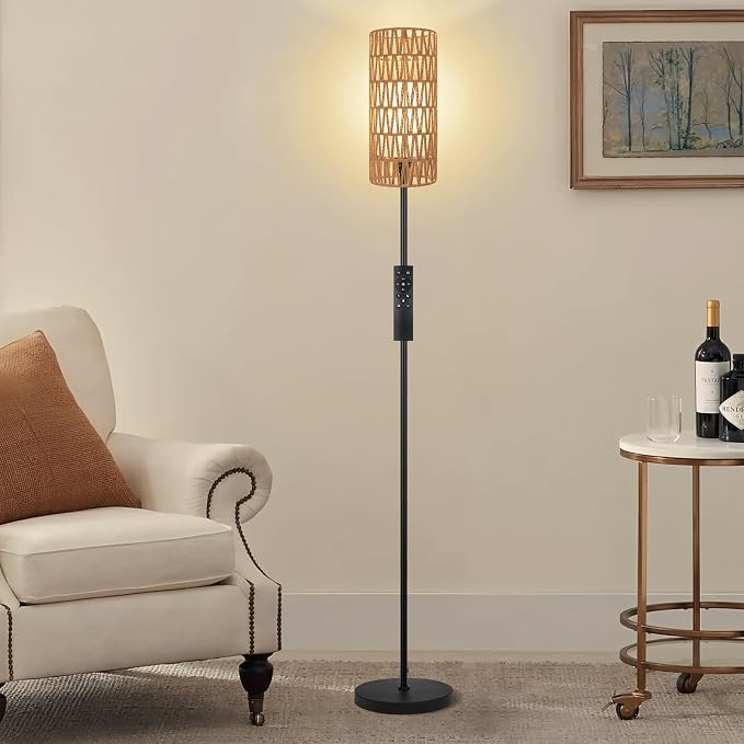 Ruiever Floor Lamp for Living Room,Farmhouse Floor lamp,Modern Standing lamp with Hand-Worked Rattan Shade (Double Shade-with Remote)