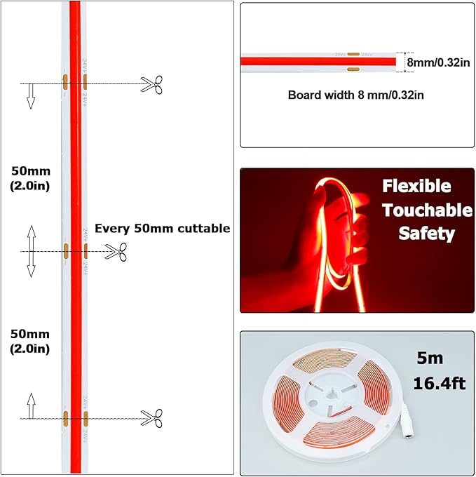 24V COB LED Strip Light Red 5M/16.4ft 2400LEDs Uniform Glow Flexible IP20 Not Waterproof LED Tape Lights for DIY Cabinet Bedroom Kitchen Home Decor(No Power Supply)
