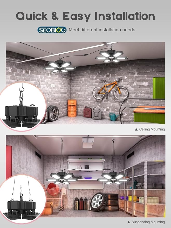 LED Garage Lights 8 Pack, 20000LM Plug in Shop Light Bay Lighting 6500K | 200W Ultra Bright, Linkable Design, 6 Deformable LED Panels, for Garage workshop Basement