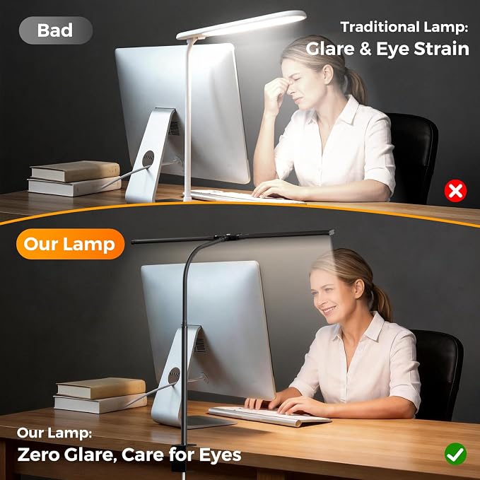 LED Desk Lamp with Clamp - Double Head Desk Light with Remote and Touch - Eye Protection - 12 W, 5 Color Modes, Timer and Memory Function, Flexible Gooseneck - for Office, Reading - Black