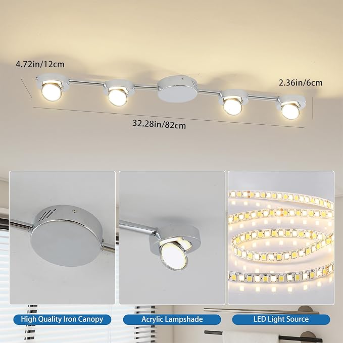 Qcyuui Track Lighting 4-Light LED Track Lighting Fixtures Ceiling Dimmable Kitchen Ceiling Light with Remote Brushed Nickel Rotatable Heads Ceiling Spotlight Wall Light for Bedroom Living Room