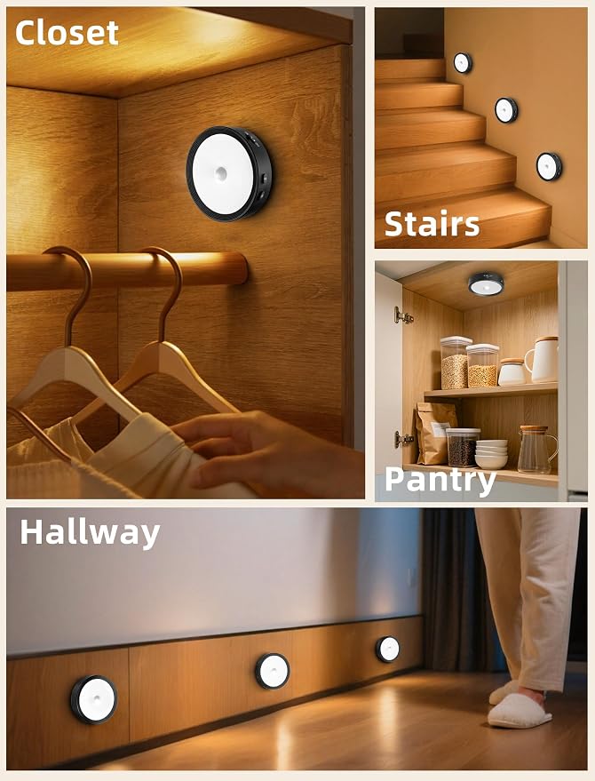 6-PACK Under Cabinet Lighting Rechargeable Puck Lights with Remote Black | 3 color temps & 12 RGB, dimmable, 15/30/60 mins timer, memory, magnetic/stick on, 3.3'' led lights for kitchen, closet, stair