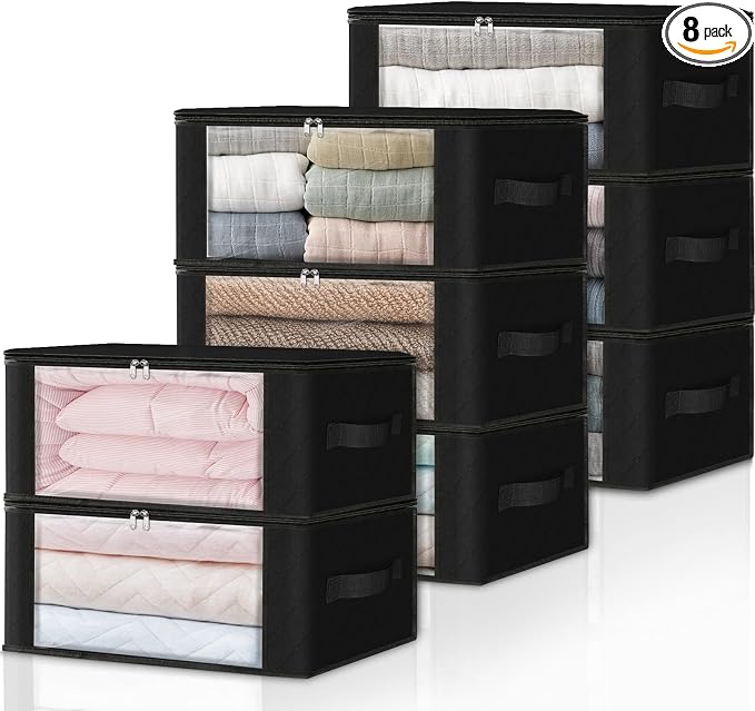 HomeHacks 8-Pack Clothes Organizer Storage Bags, 35L Storage Bins, Black | Foldable Storage Box Container with Zippers, Clear Window, Reinforced Handles for Closet, Dorm, Pillows, Bedding, Sweater