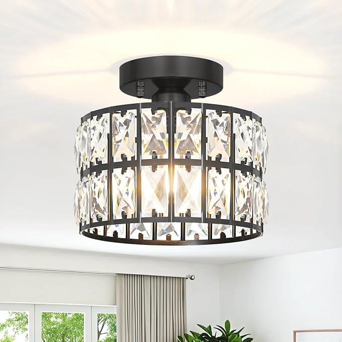 Lxybcce Crystal Ceiling Light Fixture, Modern Matte Black Crystal Chandelier, Small Semi Flush Mount Ceiling Lighting, Round Hallway Lighting for Kitchen Entryway Bedroom Bathroom, 1-Light, 9 Inch