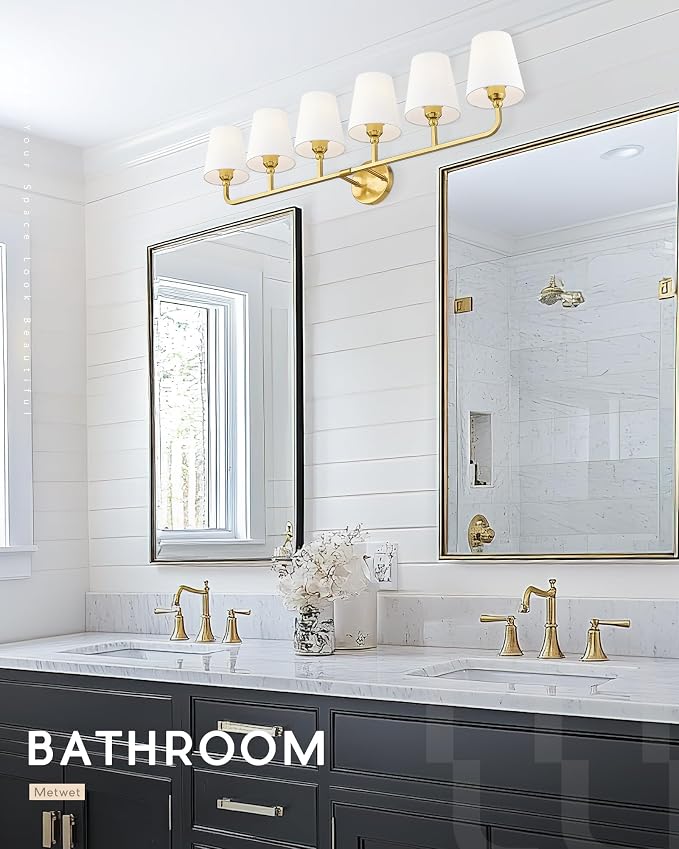 6-Light Brushed Gold Bathroom Vanity Light, White Fabric Shades | Ideal for 48-64" mirrors, 42" bathroom light fixtures over mirror, upward only, E26 base, bulbs not included, VL837-BG-6