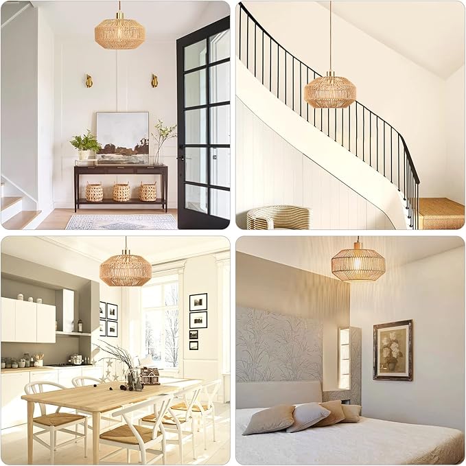 Plug in Pendant Light Paper Woven Rattan Hanging Lights Boho Hanging Lamp Rustic Farmhouse Pendant Lights for Kitchen Dining Room Bedroom Entryway, with 3-Way Dimmable Bulb (Woven)